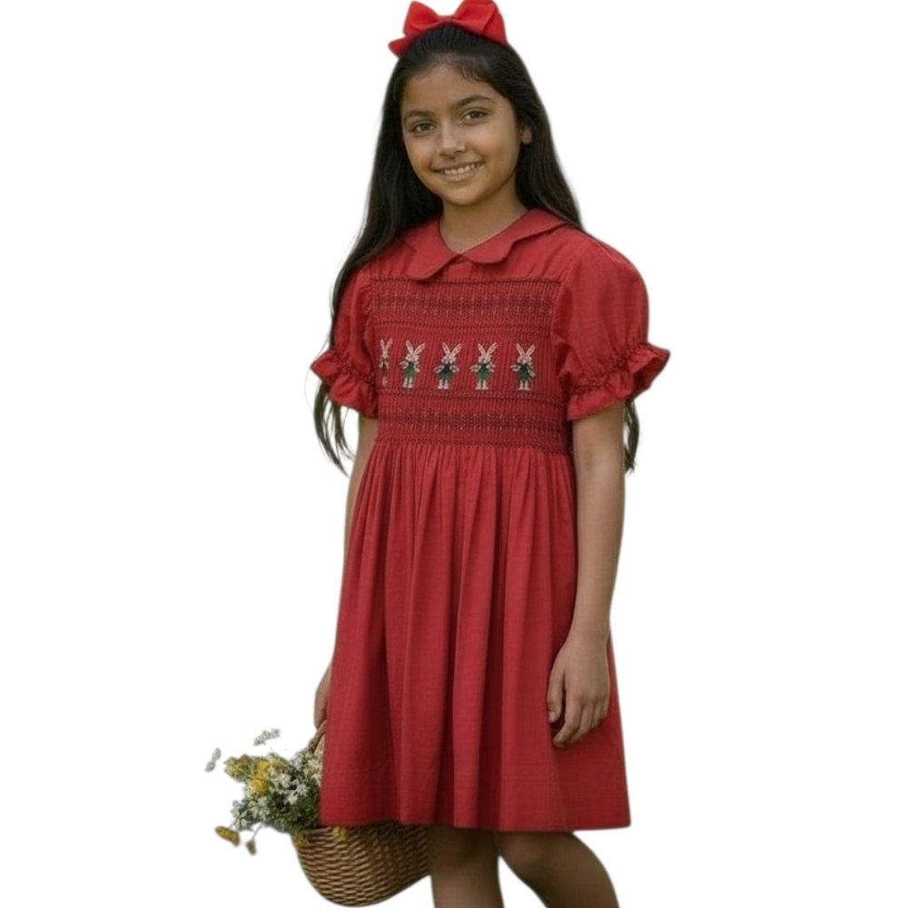 Red Short Puff Sleeve Smocked Dress Embroidered Easter Bunnies Spring Garden